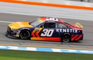 Garrett Mitchell (#30 Kenetix Ford), aka Cleetus McFarland enters into the tri-oval during practice for the ARCA Menards Series Chilli's Ride the Dente 200 on February 14, 2025, at Daytona International Speedway - Source: Getty